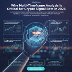 AI crypto bot analyzing multiple timeframes simultaneously, including 1m, 15m, 1h, and 4h charts on a futuristic dashboard in 2026