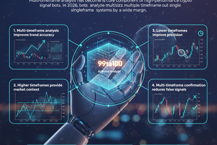 AI crypto bot analyzing multiple timeframes simultaneously, including 1m, 15m, 1h, and 4h charts on a futuristic dashboard in 2026