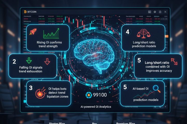 AI crypto bot analyzing open interest charts, liquidation levels, and futures market data on a futuristic dashboard in 2026