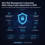 AI crypto bot applying risk management tools like stop-loss, position sizing, and volatility filters on a futuristic trading dashboard in 2026