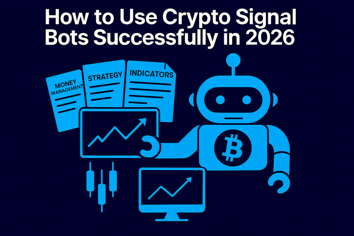illustration of crypto signal bot with Bitcoin logo analyzing charts and strategy documents in 2026